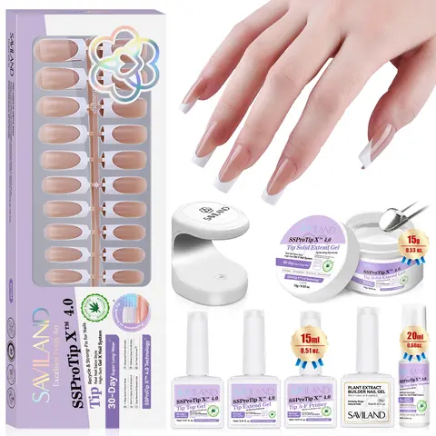 SAVILAND Press-On Nails for Women: Soft Gel Long Square Nude Nail Kit with 16 Sizes, Long-Lasting Fake Nails with Solid Nail Glue, Remover, Bond Primer, Builder Gel & UV Lamp