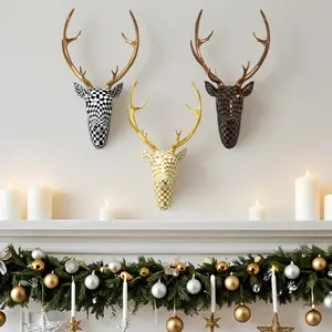Resin Chessboard Deer Head Wall Decor, Resin Material, Luxury Art Style, Hanging, Antlers, Geometric Patchwork Details, Home Decor for Living Room Fireplace