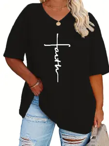 【Plus Size】 Letter Print V Neck Tee, Casual Half Sleeve T-shirt for Summer, Women's Plus Clothing for Everyday Wear, Womenswear