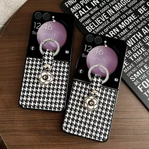 PU leather houndstooth pattern protective phone case Cover with ring fastener, hard PC back panel to protect the phone, Accessories. Suitable for Samsung Galaxy Z Flip7, Z Flip7FE, Z Flip6, Z Flip5