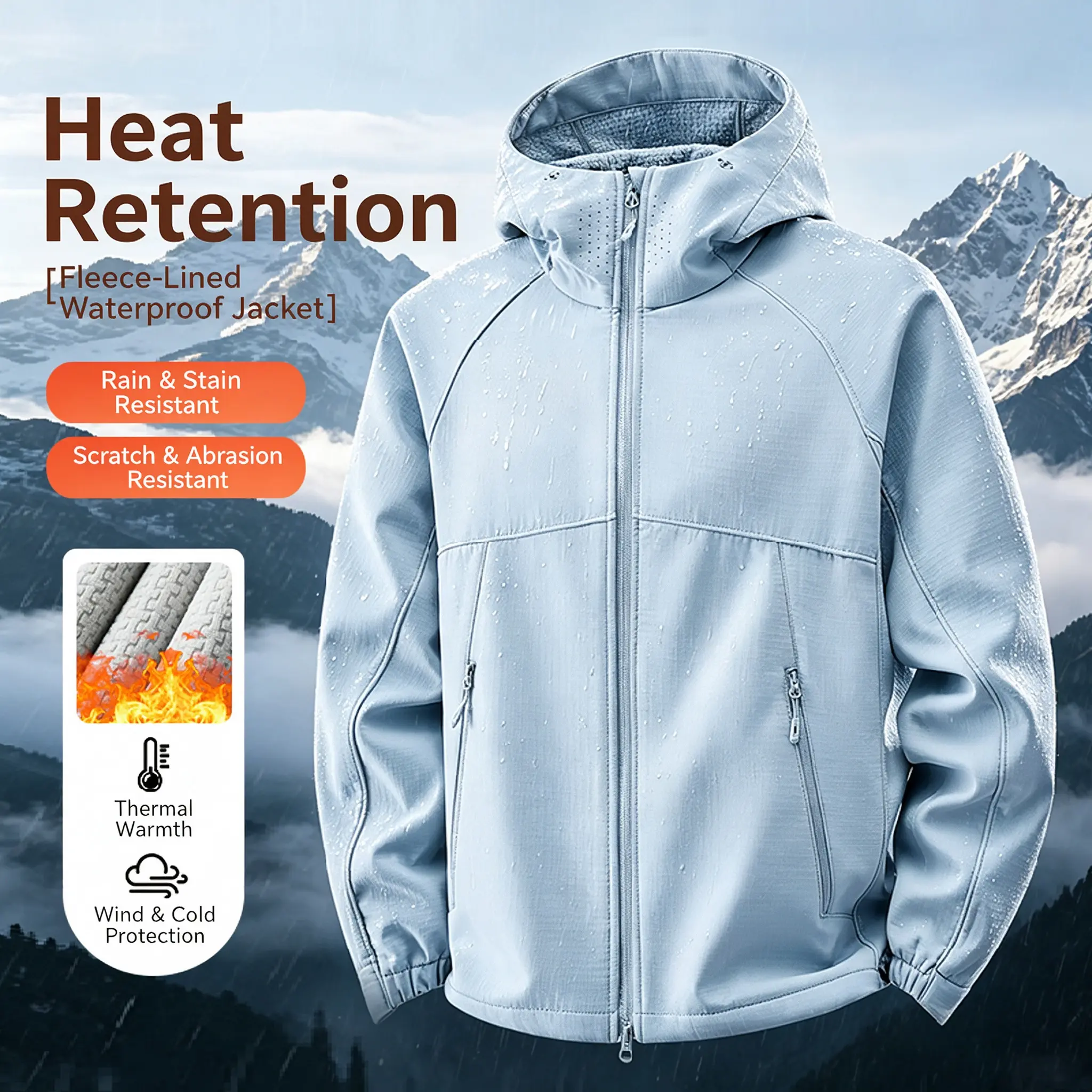 2026 New Men's Zipper Hoodie - Loose-Fit Polyester Solid Softshell Jacket, Light Fleece Lined, Windproof, Waterproof, Breathable Sportswear for Outdoor Hiking, Daily Commute