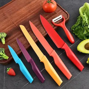 Neware Blade Block Ceramic Nonstick 6 Piece Knife Set with Colorful Handles, Stainless Steel & Black Diamond Coated Finish Sturdy Slicer Utensils Kitchenware Wooden Cutting