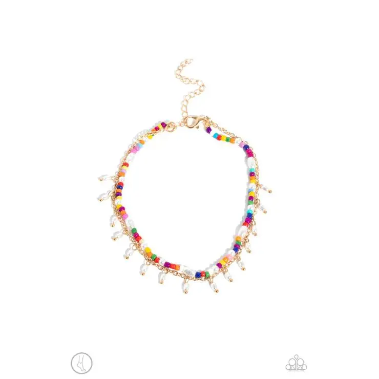 Women's Adjustable Clasp Gold Chain Anklet - Beachfront Backdrop Gold Beaded Strands with Dangling Pearls, Colorful Mix Chain 1-Piece Casual Wear Costume Jewelry