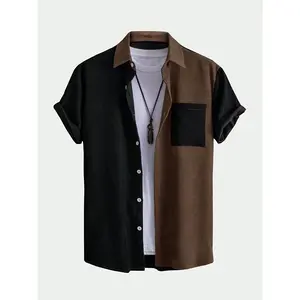 [Casual Corduroy Shirt] Casual Summer Corduroy Short Sleeve Shirt |   Men's Button-Collar & Chest Pocket - Black & Brown Two-Tone Design, Textured Fabric Menswear Top