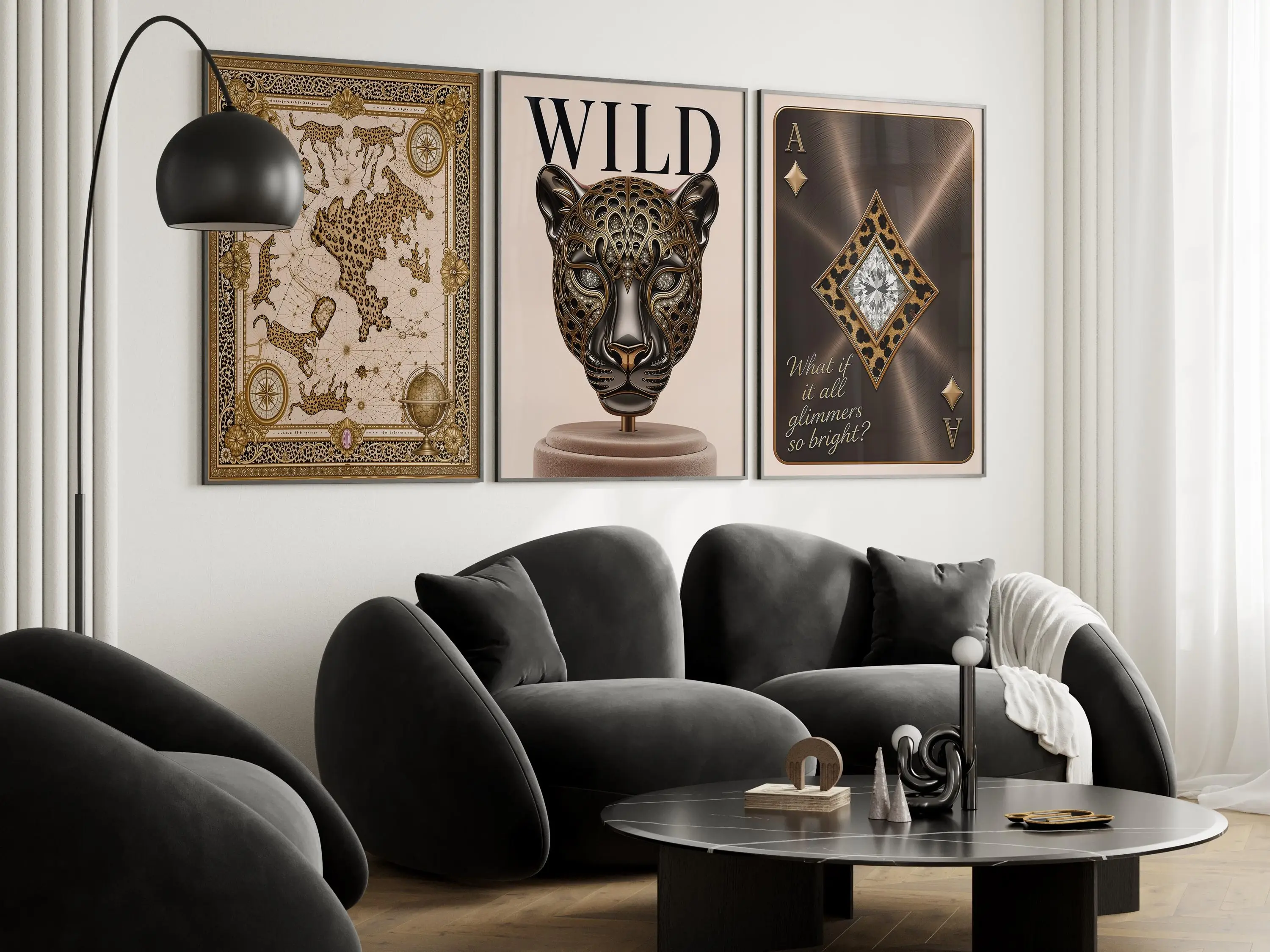 3-Piece Luxury Wall Art Set - Gold Leopard Decor, Wild Panther Print, Vintage Map Poster, Playing Card Art for Home Decor