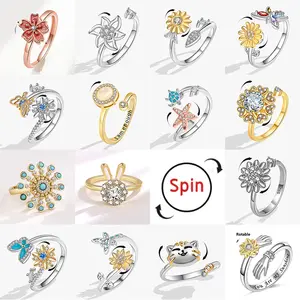 RING4U - SMJEL Fashion Cherry Blossom Anxiety Ring Fidget Spinner Rings for Women Cute Cat Bee Bunny Butterfly Rotating Ring Wedding Gift