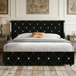 Upholstered Bed Frame,  Modern  Bed Frame With Wingback  Diamond Headboard, No Box Spring Needed, Easy Assembly, Twin/ Full/ Queen/ King, Black/ Pink/ White/ Purple/ Blue/ Green