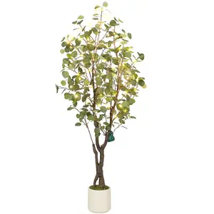 【Christmas Gift】Realistic Artificial Eucalyptus Tree with White Planter, Large Faux Floor Plant with Lights, Ideal for Home Office & Living Room Decor 5FT(with lights) Decorative Fruit Fairy Ornaments