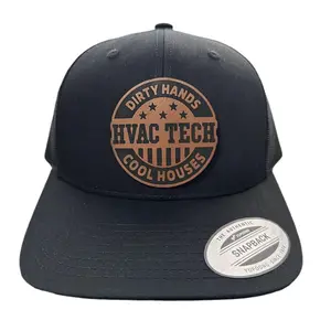 Dirty Hands Hvac Technician Leather Patch Trucker Hat -  Engraved Snapback Cap For Hvac Workers - Gift For Tradesmen & Blue Collar Workers