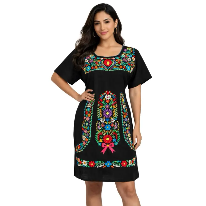 green emerald velvet dress Mexican Dress- Fiesta Dress Embroidery- Small- Median- Floral Dress main image 0