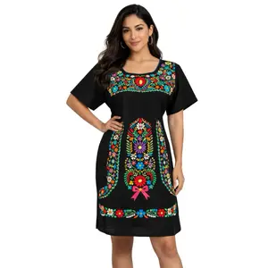 Channel Dress Artisanal Mexican Women's Dress Colorful Floral Embroidery Traditional Style with Adjustable Waist Strings Made in Mexico Casual Womenswear