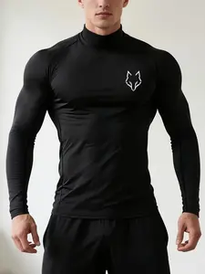 Men's Muscle Fit Gym T-Shirt, Wolf Head Print, High Neck Design, Breathable Stretch Fabric, Outdoor Exercise, Running, Hiking, Training, Athletic Sports Clothing, Gym Workout Tee, Breathable Workout Tops