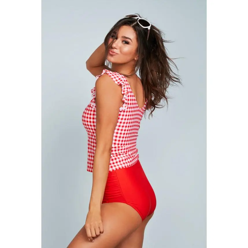 Ruffle V Back Midkini Top - Cherry Red Gingham