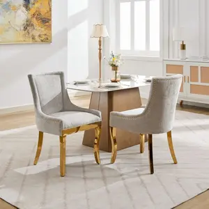 Upholstered Dining Chairs Set of 2, Chenille Fabric Dining Room Chairs with Gold Stainless Steel Legs, Nailhead Trim, Modern Farmhouse Accent Chairs for Dining Room or Kitchen, Beige