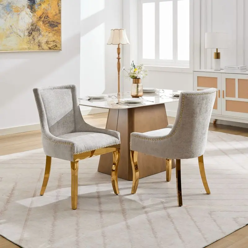 Set of 2 Chenille Upholstery Dining Chairs, Beige Upholstered Indoor Furniture with Gold Stainless Steel Legs, Nailhead Trim, Modern Farmhouse Look Accent Chairs for Dining Room, Kitchen
