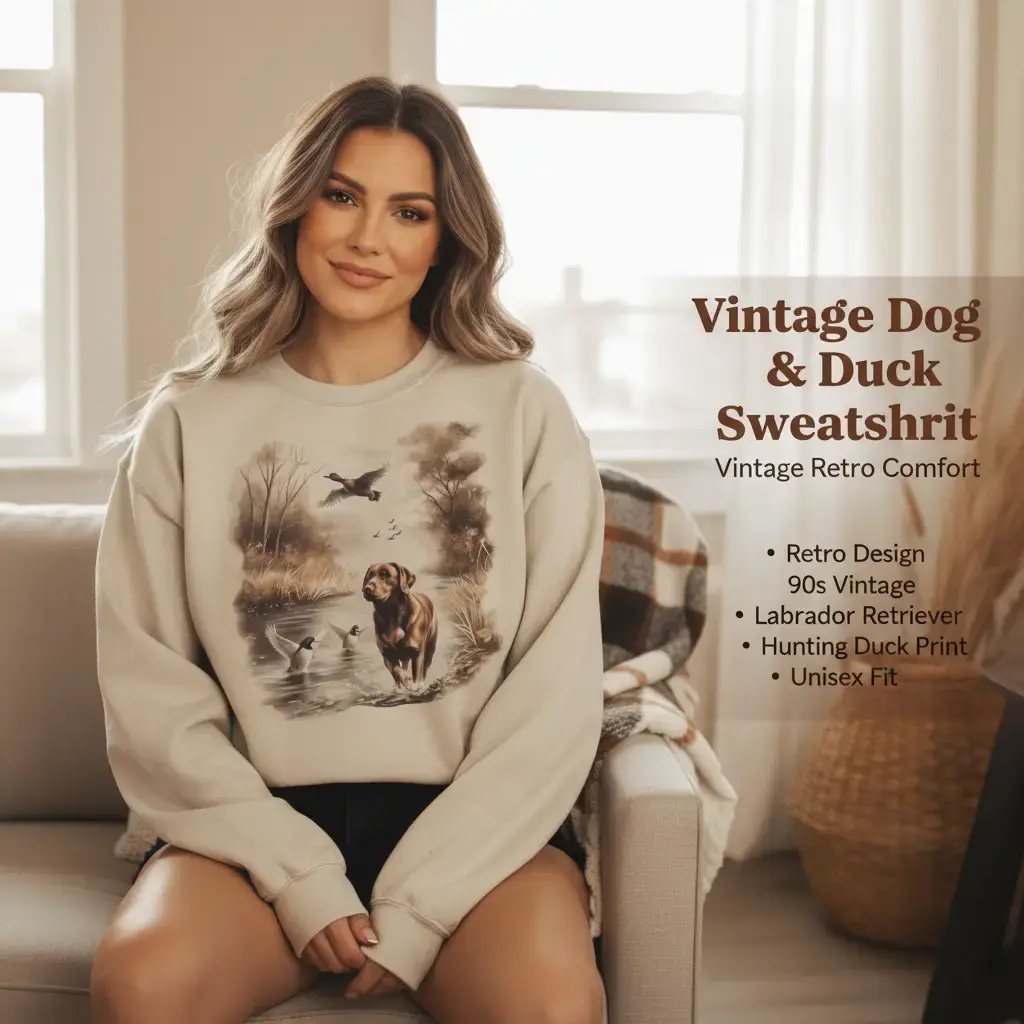 Women's Retro Chocolate Lab Dog & Mallard Ducks Cotton Pullover Garment, 90s Vintage Labrador Hunting Duck Long Sleeve Round Neck Unisex Tops