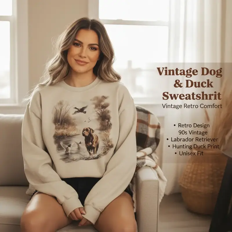 Women's Retro Chocolate Lab Dog & Mallard Ducks Cotton Pullover Garment, 90s Vintage Labrador Hunting Duck Long Sleeve Round Neck Unisex Tops