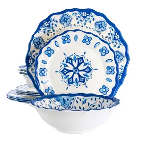 Elama  12 Piece Blue Garden Scalloped Lightweight Melamine Dinnerware Set, Blue
