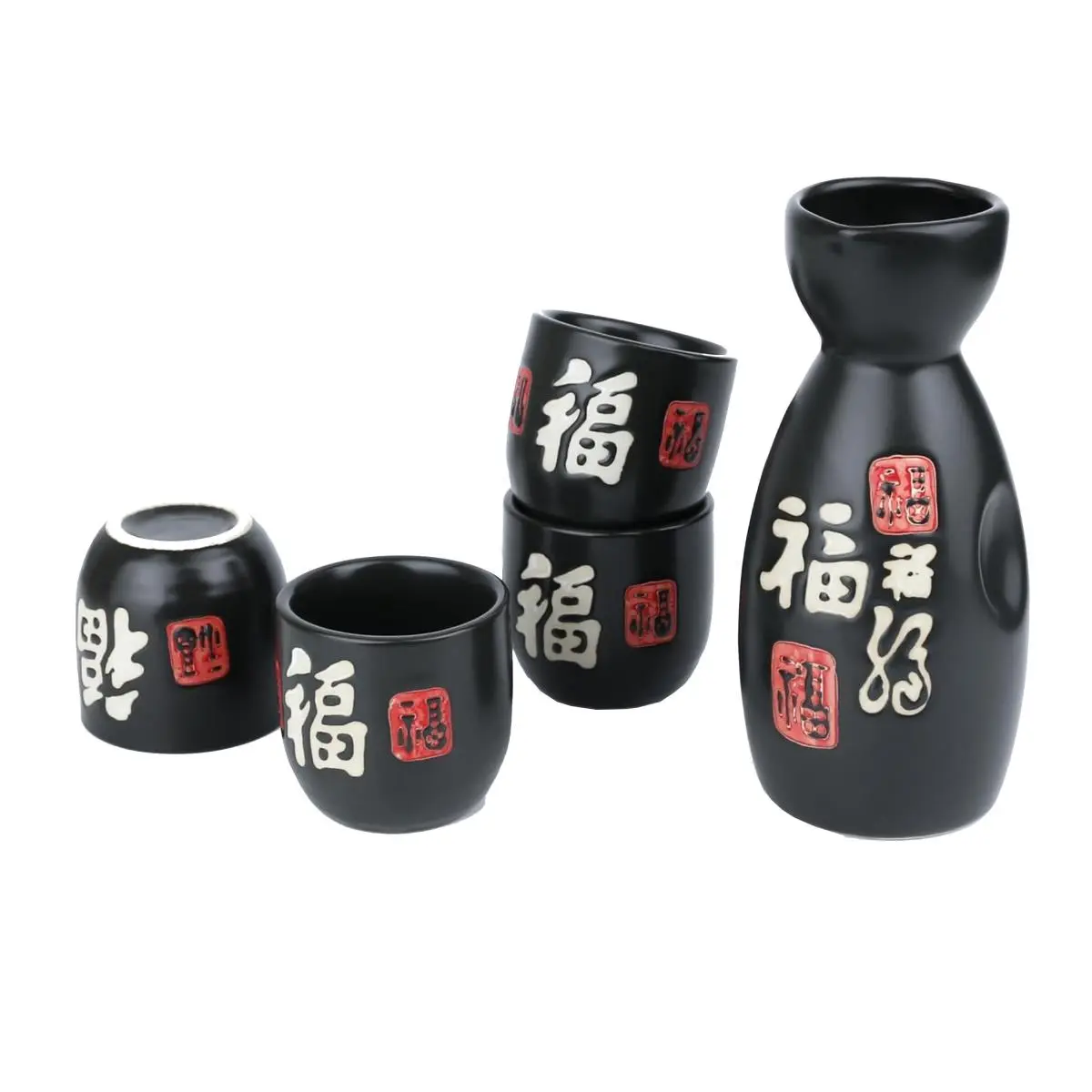Tayama MT-C01 Elegant 6 oz Black Ceramic Sake Tokkuri Bottle & 4 Ochoko Cups, Kitchenware Bar & Wine Utensils Set