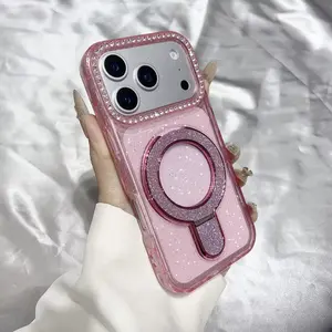 Bling Magnetic Case With Crystal Camera Guard And Glitter Ring Kickstand. Crafted With Clear, Flexible Material, It Combines Shiny Rhinestones And Sparkly Texture For A Luxurious Look, While Providing Strong Protection And Stable Viewing Support.