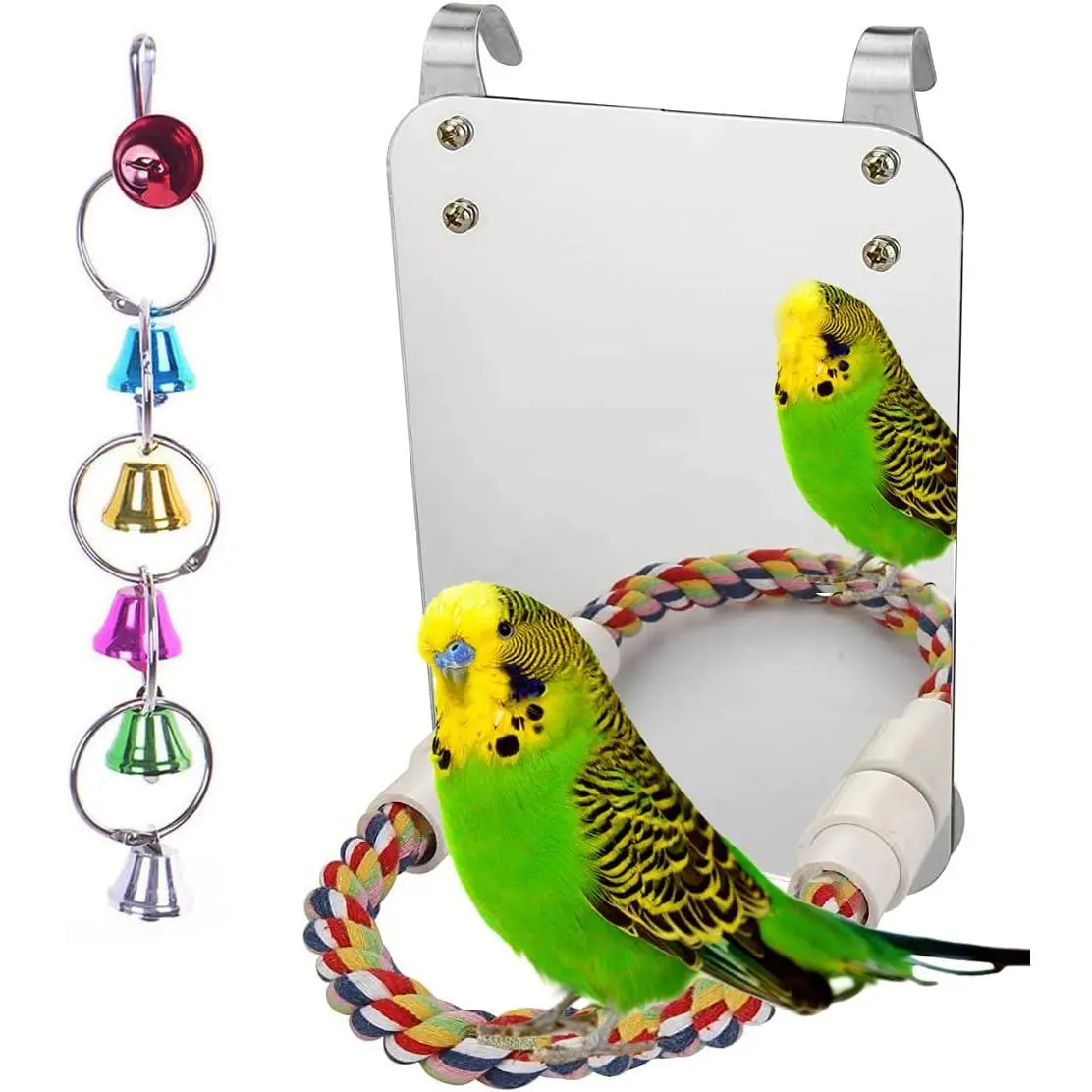 7" Bird Mirror with Rope Perch Bird Toys Swing, Comfy Perch for Greys s Parakeet Cockatiel Conure Lovebirds Finch Canaries
