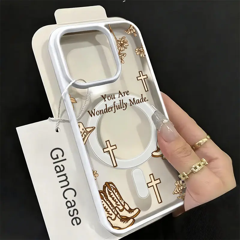 Western Country Style Hard Acrylic Magnetic Cowboy Boots & Cross Flower Cellphone Case - Shockproof, Drop-Resistant, Camera Protection Casing for iPhone 17,16,15,14,13,12,11 Plus Pro Max (A17) | Mobile Phone Accessories