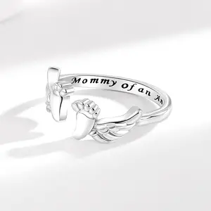 Mother's Day Gift-“Mommy of an Angel” Adjustable Ring – Angel Wing & Footprint Memorial Design, Pregnancy Loss Sympathy Jewelry, Forever Love Remembrance Ring for Mothers, Comforting Gift for Women