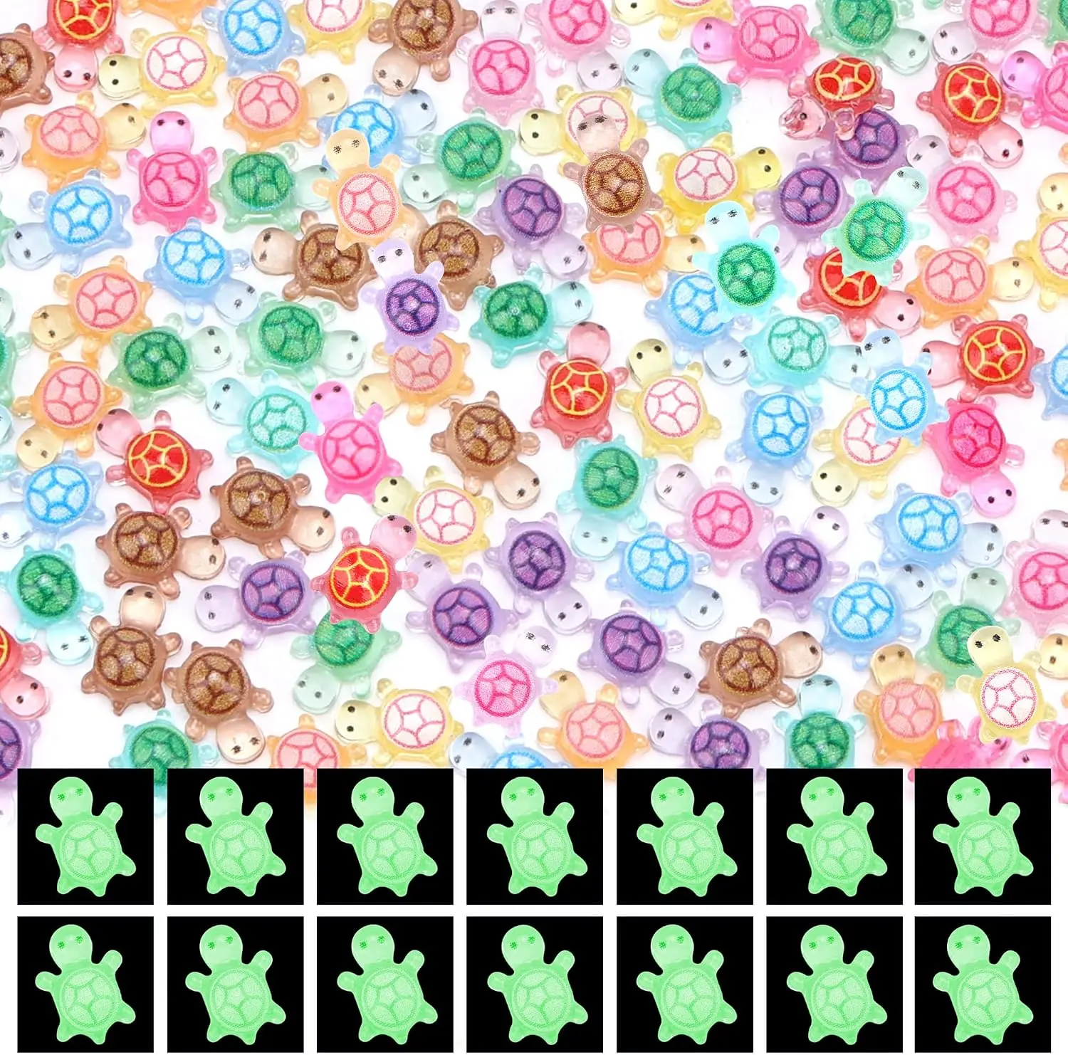 300 Pcs Glow-in-the-Dark Mini Resin Turtles, Luminous Tiny Sea Turtle Figures, Small Ocean Animal Decor for Fairy Garden Micro Landscaping, Dollhouse Home Craft Supplies