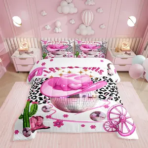 Pink Disco Ball Bedding Set,Cowgirl Hat Boot Comforter Set for Girls Kids Teen,Milk Cow Print Floral Bull Skull Western Bedroom Room Decor Comforter