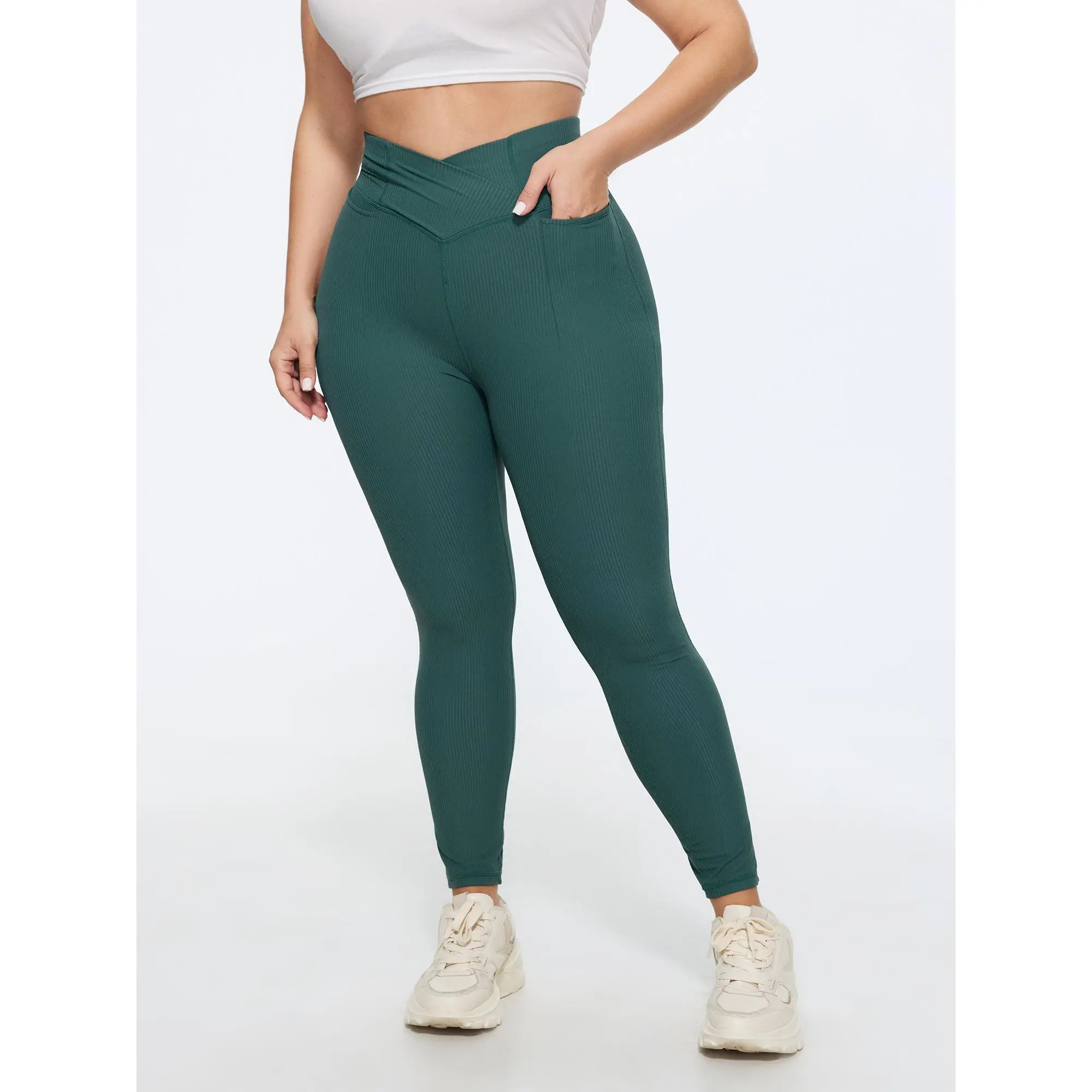 BLOOMCHIC Women's Plus Size Spandex-Nylon Basic Fit Bottoms Garment - Stretchy Overlap Waist, Textured, Pocket Design, [M-6X], Summer Finds, Fabric, Leggings Women, Elastane, Cold Wash, 12/L, Cool Iron, Cropped, Plus Size Leggings, Womens Fitness, Cropped