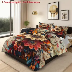 Bohemian Vintage Floral Bedding Set, Reversible, Digital Print, Polyester Filling, Soft Breathable, Includes Quilt and Pillowcases