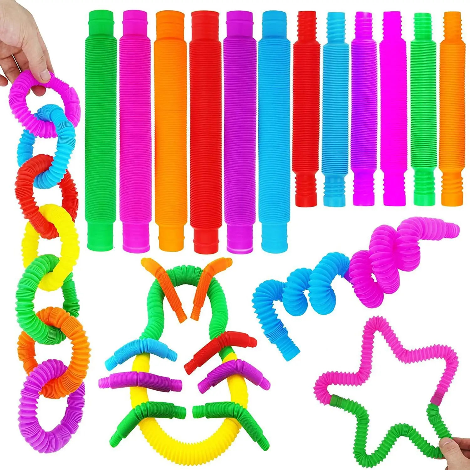 10 Pop Tubes Sensory Toys for Fine Motor Skills and Learning Preschool Toys, Top ADHD and Autism Fidget, Sensory Pressure Release, Best Gift for Boys and Girls, Basket Stuffers, Stress Relief Toys, Colors Random