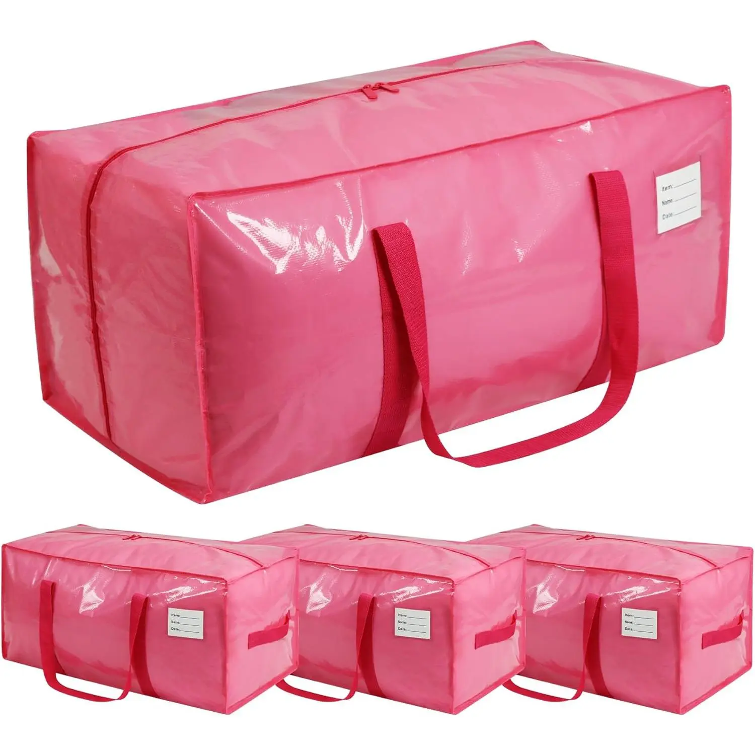 Pink 85L Durable Collapsible Polypropylene Moving Bags (4-Pack) - Home Supplies with Reinforced Pink Handles, Double Zippers, Smooth Surface, Waterproof Organiser Totes for Campus Life Guys, Bedroom Storage (Alternative to Moving Boxes), Unisex