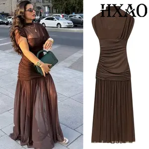HXAO Brown Women's Dress Summer Mesh Long Dresses Woman Sleeveless Female Elegant Party Dresses Ruched Bodycon Tulle Midi Dress
