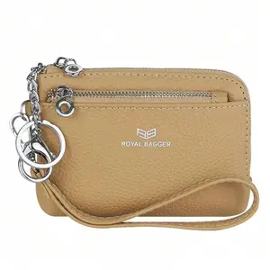 Royal Bagger RFID Coin Purse With Keychain, Genuine Leather Multi Zipper Clutch Wallet, Portable Wristlet Card Holder