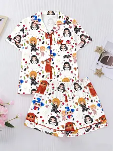 Women's Soft Comfortable Fitted Pajama Set, All over Print Design, Casual Stylish Sleepwear Loungewear for All Seasons, Relaxed Elastic Waist Pants