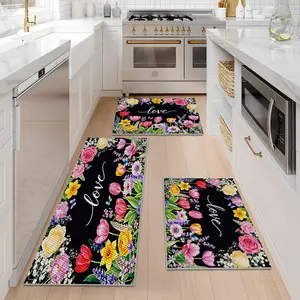 1/2/3Pcs"Love"Spring Floral Kitchen Mats,Pineapple Texture Design Kitchen Rugs,Washable Non-Slip Farmhouse Floor Mat,Doormat,Bathroom Mat.Bohemian Flowers Indoor Outdoor Home Decor