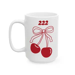 222 Angel Number Cherries Reuse Coffee Mug - 11oz-15oz White Ceramic Washable Drinkware, Retro Glossy Line Design, Coquette Bow, Minimal Kawaii Kitchenware Cup