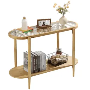 PieDle Furniture 2-Tier Boho Entryway Table，Console table with Tempered Glass Top and Wood Legs,Mid Century Modern Sofa Table for Hallway, Entryway, Living Room