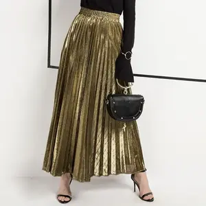 Spring/Summer New Pleated Midi Skirt — European/American plus-size high-waisted flared gold beach skirt for women; party dress