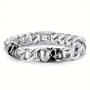 Trendy Personalized Bracelet Titanium Steel Men's Cuban Chain Street Hip Hop Style Three Skull Faith Wear Jewelry