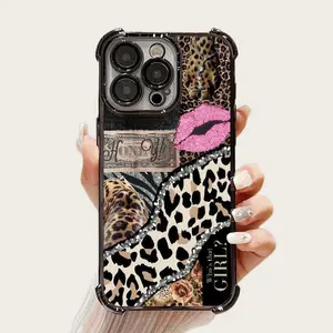 Leopard Print Pink Lips Money Phone Case Glitter Electroplated Shockproof Corner Cover  For iPhone 17 Pro Max  16 Plus 15 Pro 14 13 12 11 For Samsung Galaxy S26 S25 S24 S23 S22  FE Ultra EDGE Phone Case  #YGSJDBW36