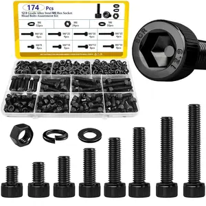 174pcs M6 Hex Socket Head Cap Bolt, Heavy Duty Bolts, Nut & Washer Kit | 8-35mm Lengths | 12.9 Grade Alloy Steel Black Zinc Plated Anti-Rust Hardware | Heavy-Duty Fasteners for DIY, Machinery & Equipment Assembly
