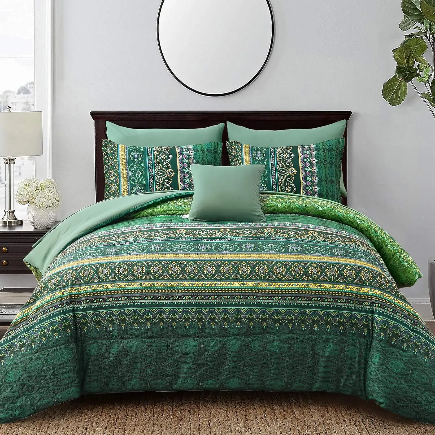 Boho Green Comforter Set Queen Size,8 Piece Bed in a Bag Bohemian Striped Bedding Set,Dark green Paisley Floral Comforter and Sheet Set,Soft Microfiber Complete Bedding Sets for All Season