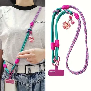 Adjustable Crossbody Wrist Strap & Phone Lanyard - Durable Nylon with Cute Floral Charm, Pink & Green Braided Cord, Anti-Loss Design for Outdoor Activities, Travel, Daily Use