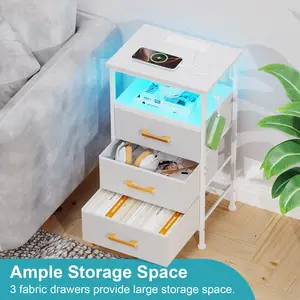 Nightstand with Fabric Drawer, Dresser for Bedroom with LED Lights & Charging Station, 3-Drawer Bedside Table with Remote/APP Control RGB Light, End Table with Storage Drawers & Wood Top for Bedroom, Living Room, Dorm