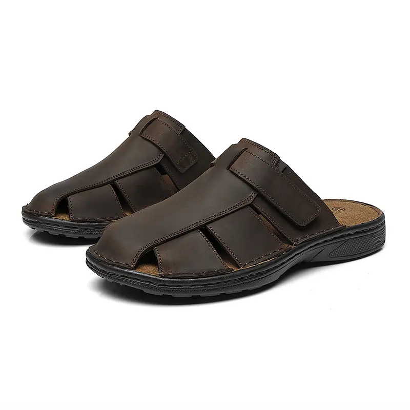 Summer outdoor genuine leather beach shoes, stylish slip-on athletic sandals with arch support, cowhide upper, lightweight casual men’s shoes