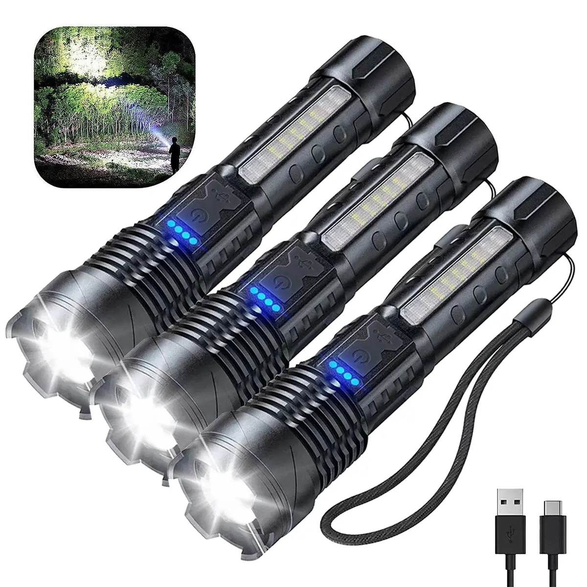 3pcs Flashlights High Lumens Rechargeable, LED Super Bright Flash Light with LCD Digital Display, 7 Mode, Waterproof, Powerful Flashlight for Emergencies Camping Gift Multimode