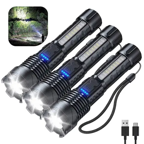 3pcs Flashlights High Lumens Rechargeable, LED Super Bright Flash Light with LCD Digital Display, 5 Mode, Waterproof, Powerful Flashlight for Emergencies Camping Gift Multimode