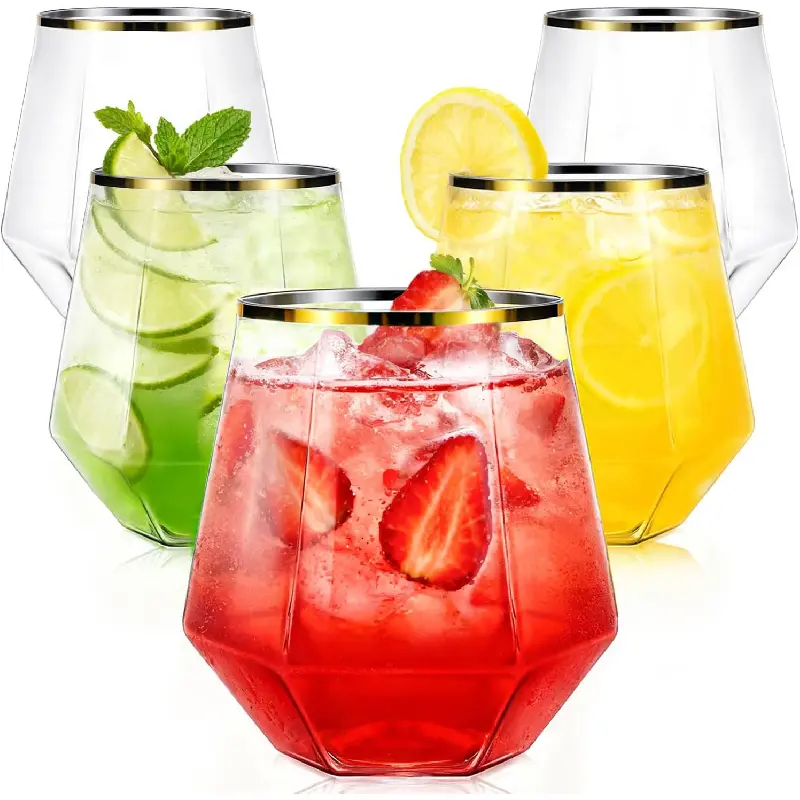 40 Pcak Plastic Stemless Wine cocktail Whiskey Champagne Glasses, 12 Oz Gold Rim Disposable Clear Unbreakable Cups for Party Bars Wedding Tasting (Diamond-shaped)